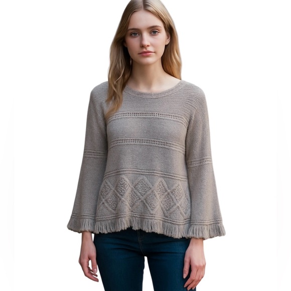 BB Dakota Gray Thick Women’s Cable Knit Fringe Boho Fisherman Sweater Sz M - Picture 1 of 11